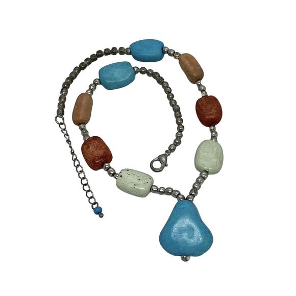 Multi-colored Stone and Silver Bead 16" Necklace Blue Pendant Vintage Estate - Picture 10 of 14